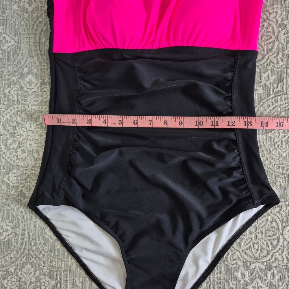 Aqua Eve One Piece Swimsuit Neon Pink Black Ruched Tummy Control Large NWT - Picture 4 of 7